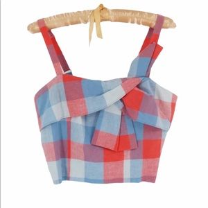 PARKER Blue Linen Blend Plaid Strap Crop Top small